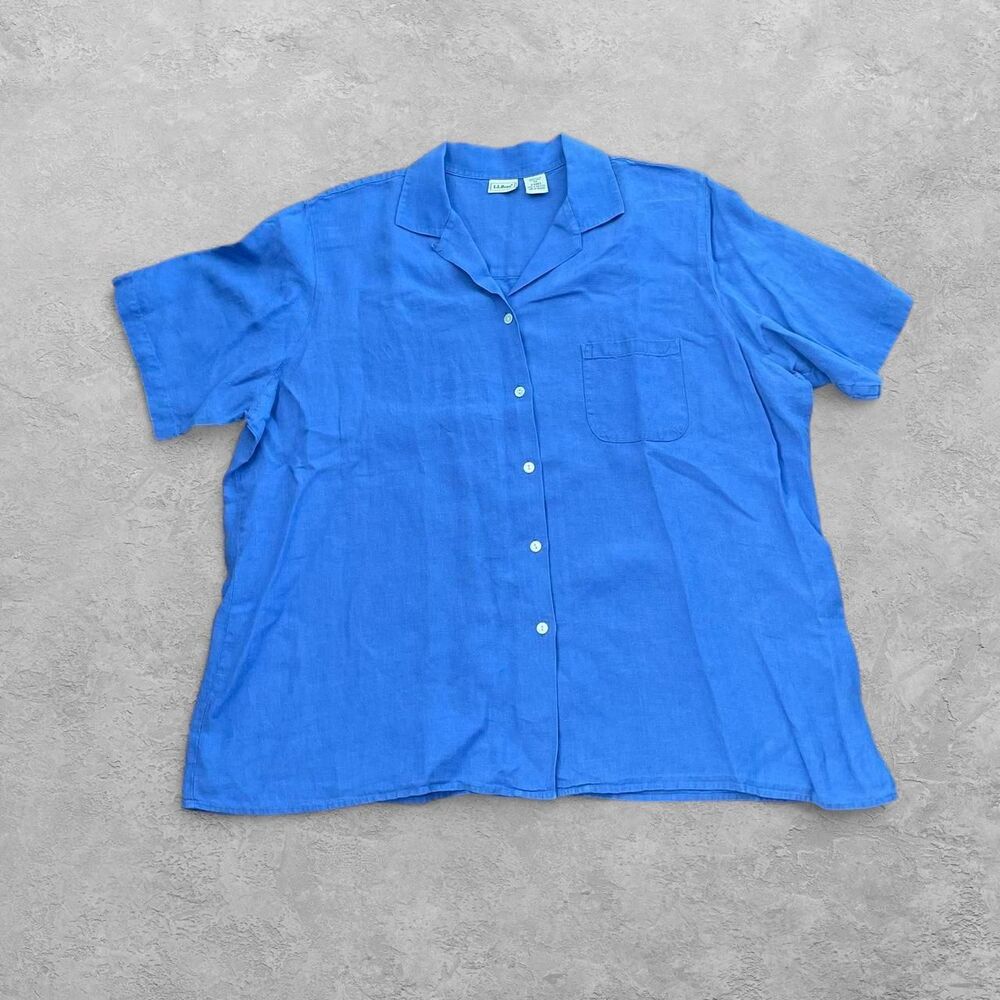 LL Bean 100% Linen Shirt Womens 2X Blue Short Sleeve Button Up Coastal